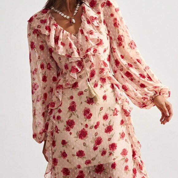 Apricot Boho Women's Bohemian Floral Print Ruffle Trim Long Sleeve Dress - Picture 5 of 8